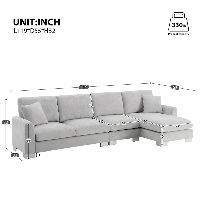 119  Chenille L-Shaped Sectional Sofa with Chaise Lounge and 2 Pillows