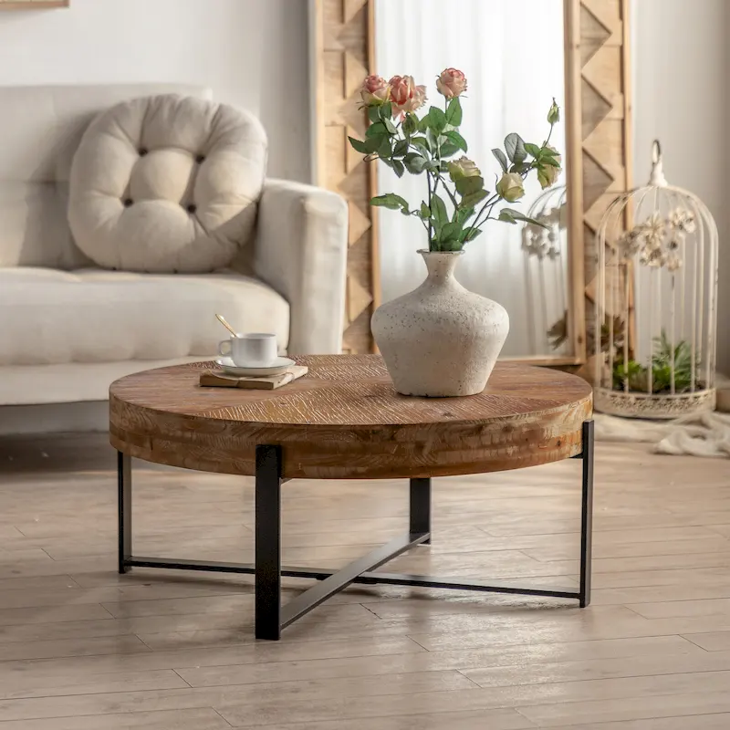 Round Coffee Table with Wood Tabletop and Metal Cross Legs
