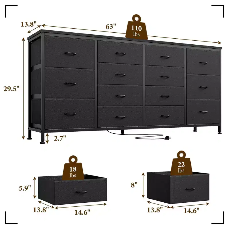 63 Wide Dresser with 14 Fabric Drawers, Built-In USB Ports, Multi-Functional Storage Unit for TV, Bedroom, Living Room, or Office