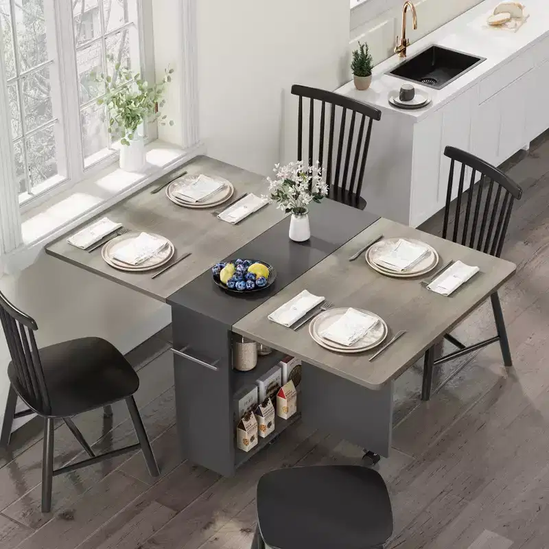 Garvee Folding Dining Table with 2 Storage Racks, Drop Leaf, 6 Wheels, Multifunction Expandable Table for Kitchen, Bedroom, Living Room