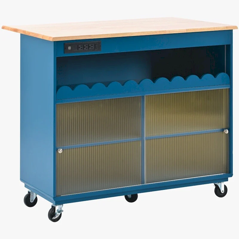 LED Light Kitchen Island on Wheels with Drop Leaf and Power Outlets