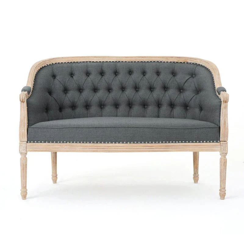 Button-Tufted Upholstered Loveseat with Scrolled Arms and Nailhead Trim