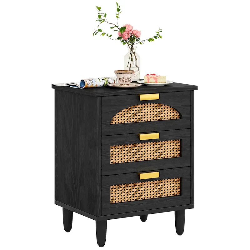 Wood and Rattan 3-Drawer Nightstand with Metal Handles