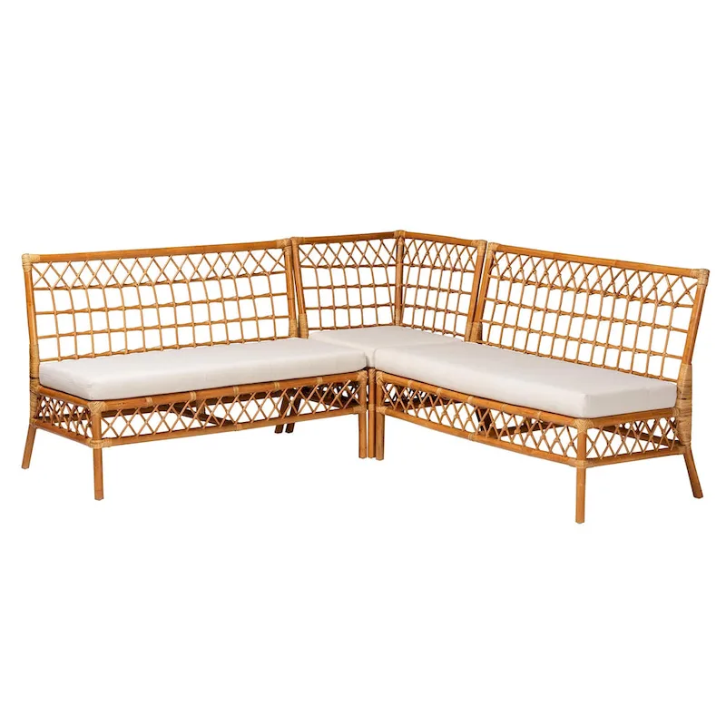 Modern Bohemian Honey Rattan 3-Piece Dining Nook Banquette Set