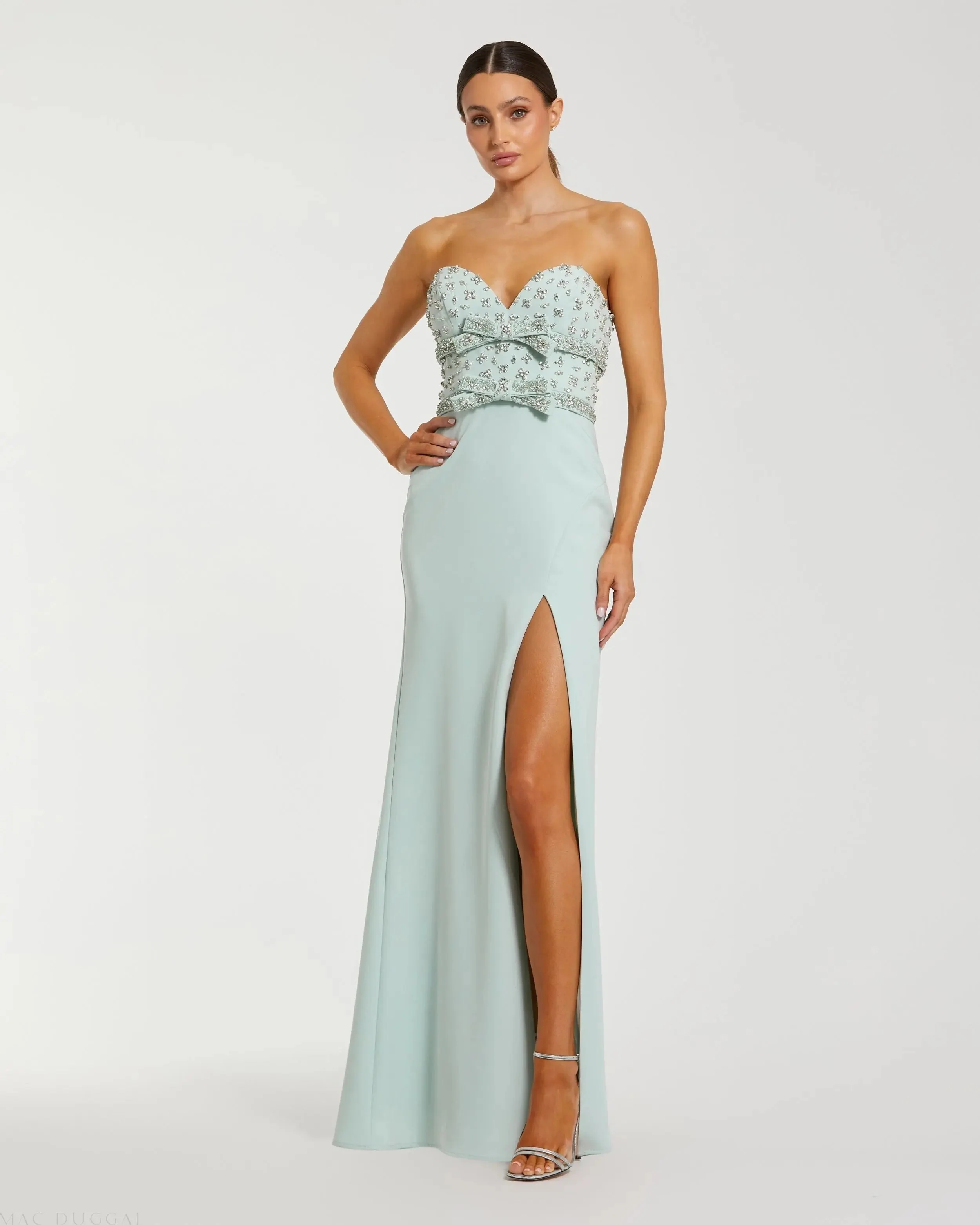 Strapless Rhinestone Bodice Crepe Gown