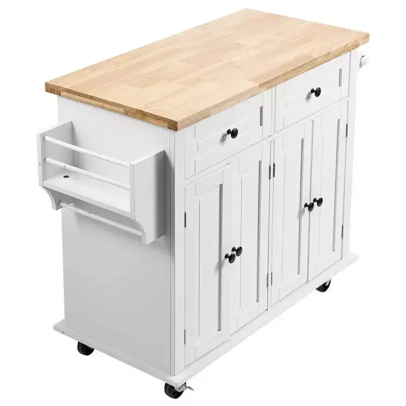 Okak Kitchen Island With Storage and Solid Wood Top, Kitchen Cart with Spice Rack and Towel Rack, Kitchen Island On Wheels for Dining Room, White