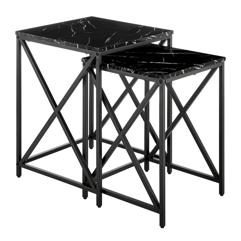 Modern Square Marble Finish Veneer Top Black Metal Frame Nesting End Tables - Set of 2