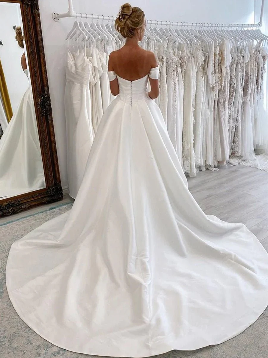 Elegant A-Line Off the Shoulder White Satin Wedding Dresses