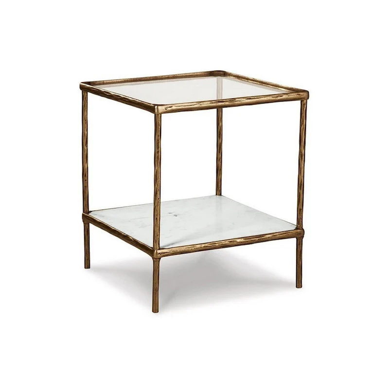 Dalie 25 Inch Accent Table, Square Glass Tabletop, Marble, Antique Gold