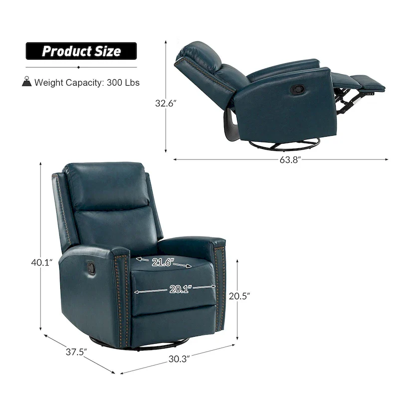 Fiacro 30.31Wide Modern Genuine Leather Wingback Swivel Rocker Recliner with Nailhead Trims