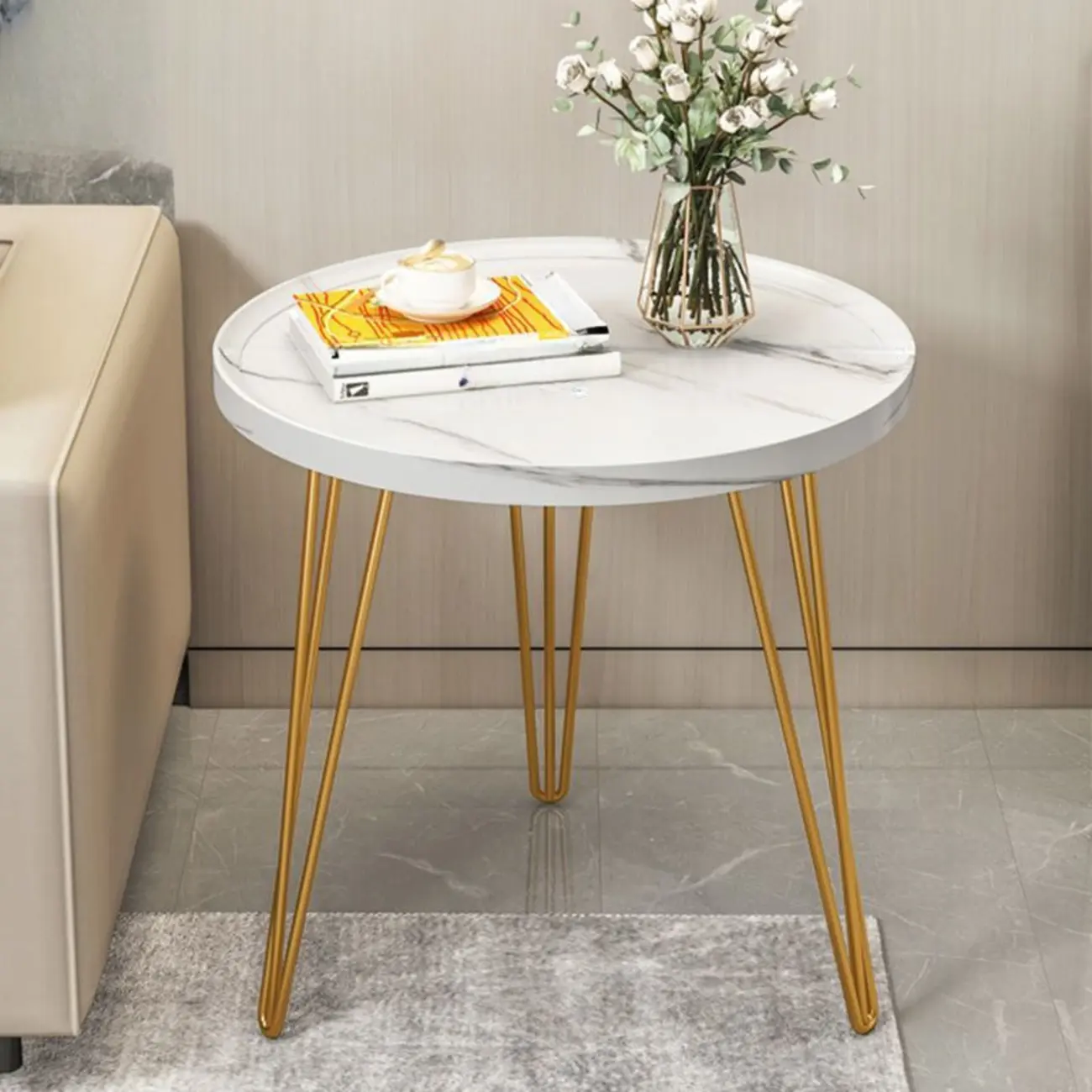 Solid Round Wood Side Table with Tray Top for Sofa