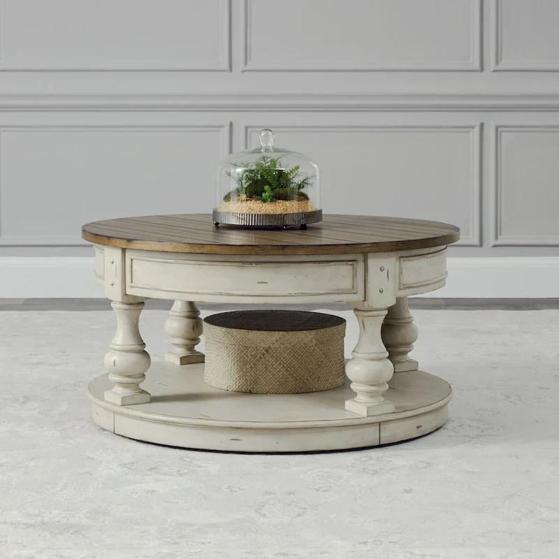 Antique White and Tobacco Round Cocktail Table — Two-Tone Living Room Coffee Table
