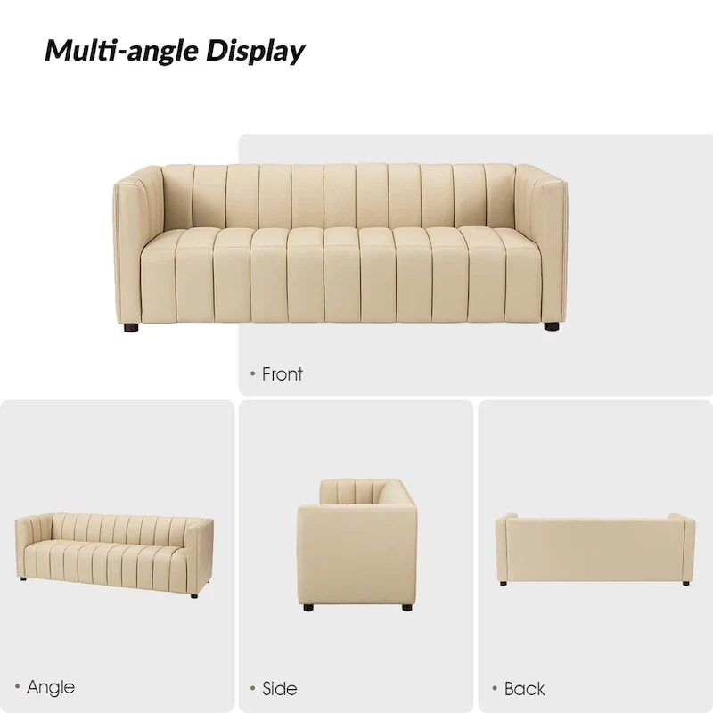 Modern Camel 83-Inch Genuine Leather Curved Couch with Channel Back