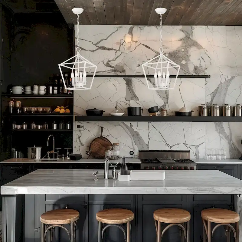 Renzo 12 in. 4-Light Farmhouse White Pendant Light with Caged Metal Shade - N/A