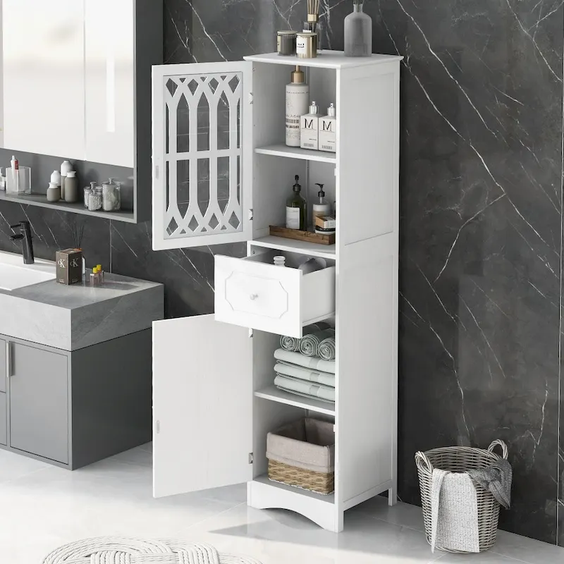 Freestanding White Bathroom Storage Cabinet with Adjustable Shelf