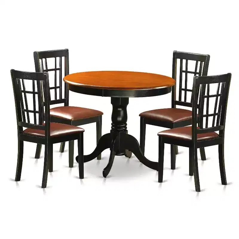 5-Piece Round Black Finish Solid Wood Top Dining table with 4-Chairs with