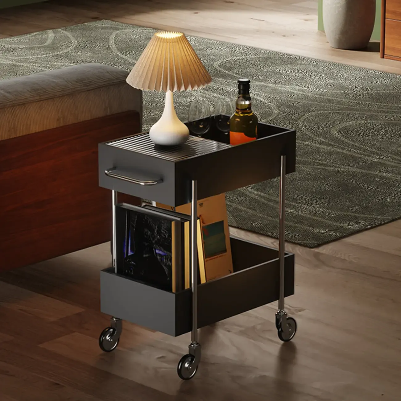 Trendy Black 2-Tier Small Side Table with Casters
