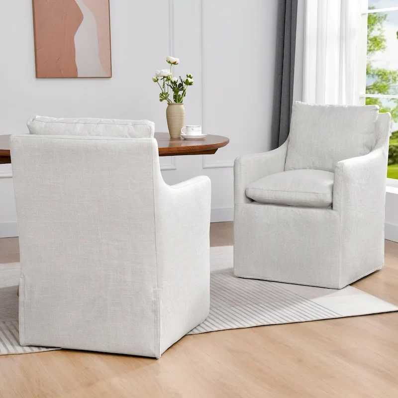Beige Faux Linen Swivel Rolling Armchair with Casters, 1-Person