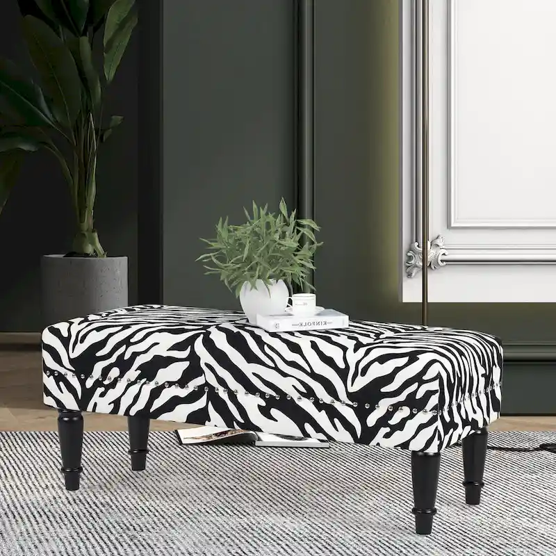 Adeco Cow Print Fabric Rectangular Bench Ottoman