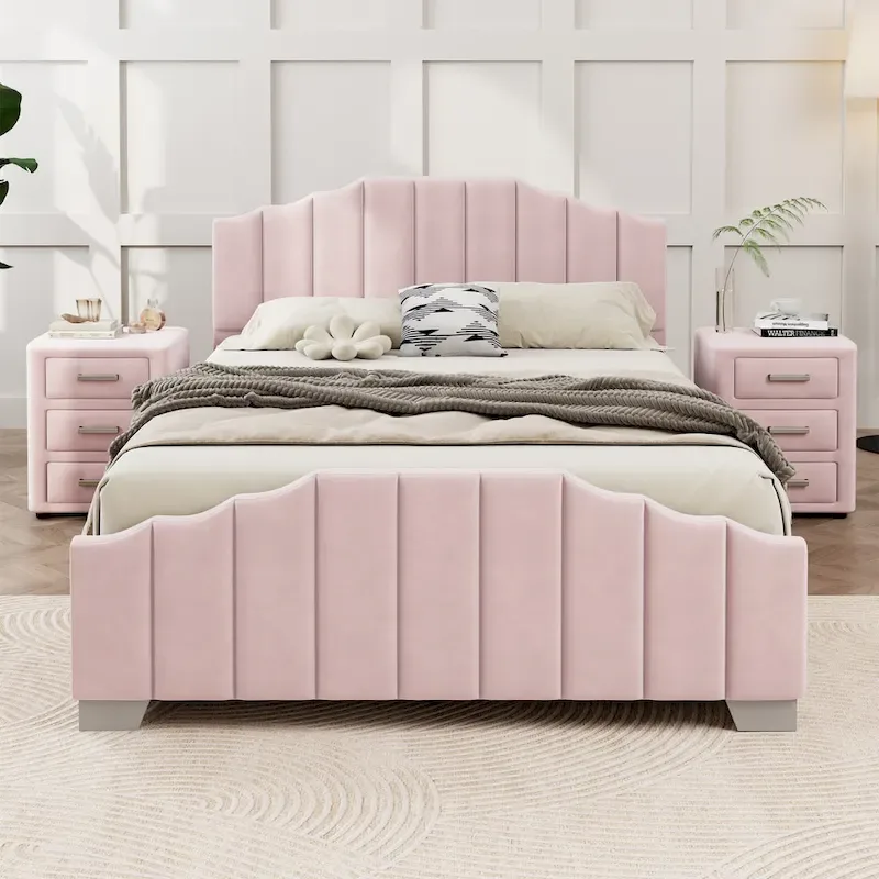 Velvet Upholstered Platform Bed Frame Vertical Channel Wingback Bed Tufted Headboard Footboard, Low Profile Panel Bed