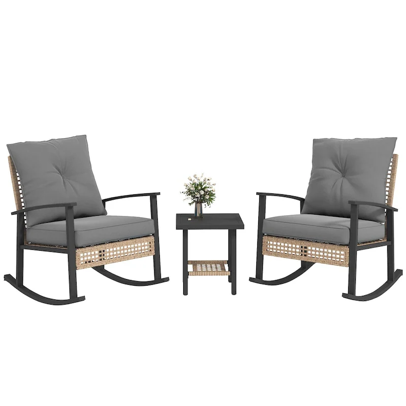 Outsunny 3 Piece Patio Bistro Set, Wicker Furniture Set with Button Tufted Cushions, Rattan Rocking Chairs and Coffee Table