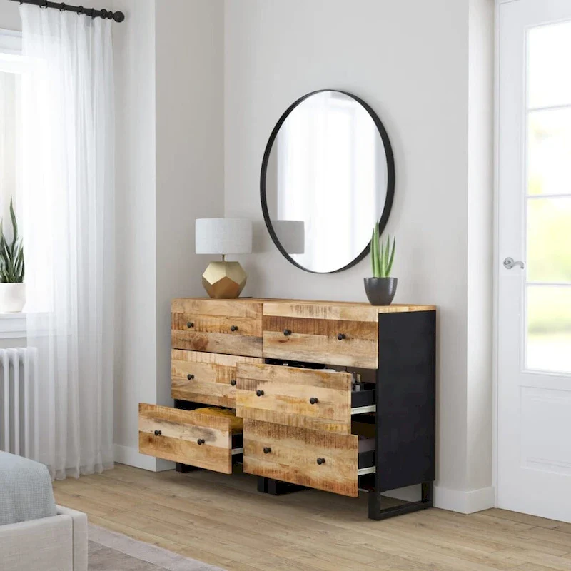 Industrial Solid Mango Wood Sideboard with Drawers – 23.6W x 13D x 29.5H, Black Frame