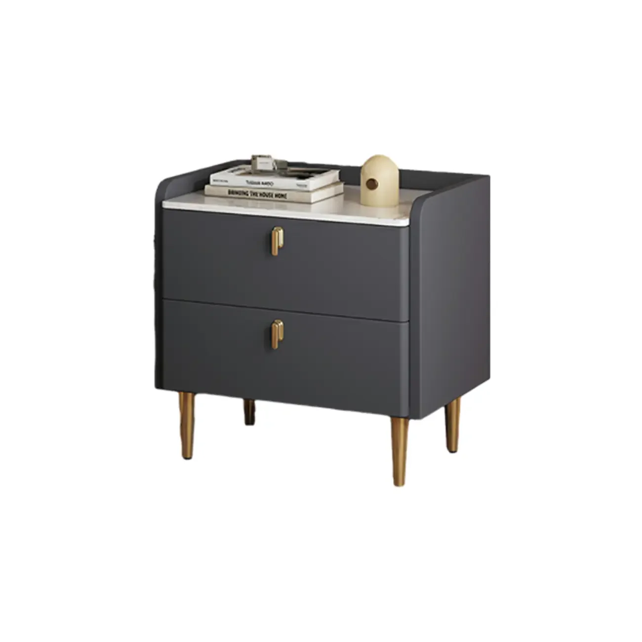 Modern Leather Stone Top Gold Accents 2-Drawer Nightstand