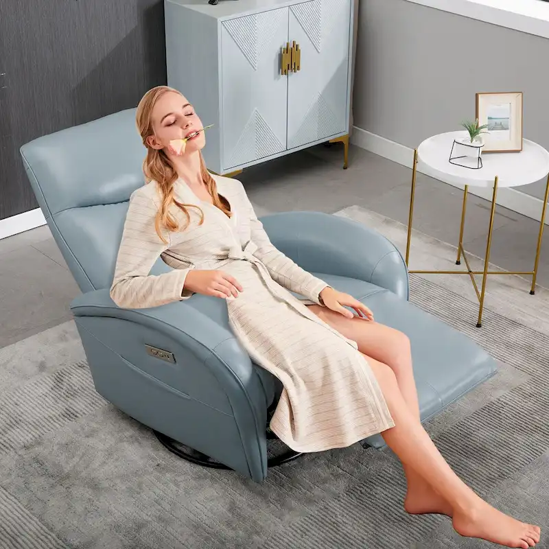 Blue Genuine Leather Power Recliner with Swivel & USB Charging