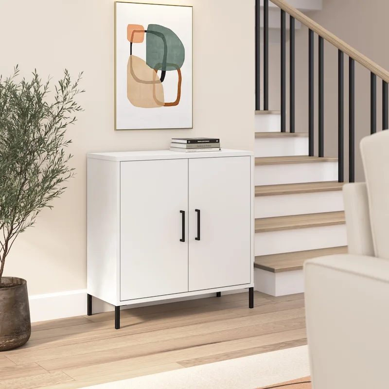White Low Storage Cabinet with Doors, 1-Person