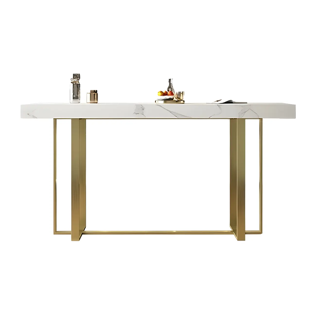 Glamorous White Stone Top Gold Metal Trestle Bar Table