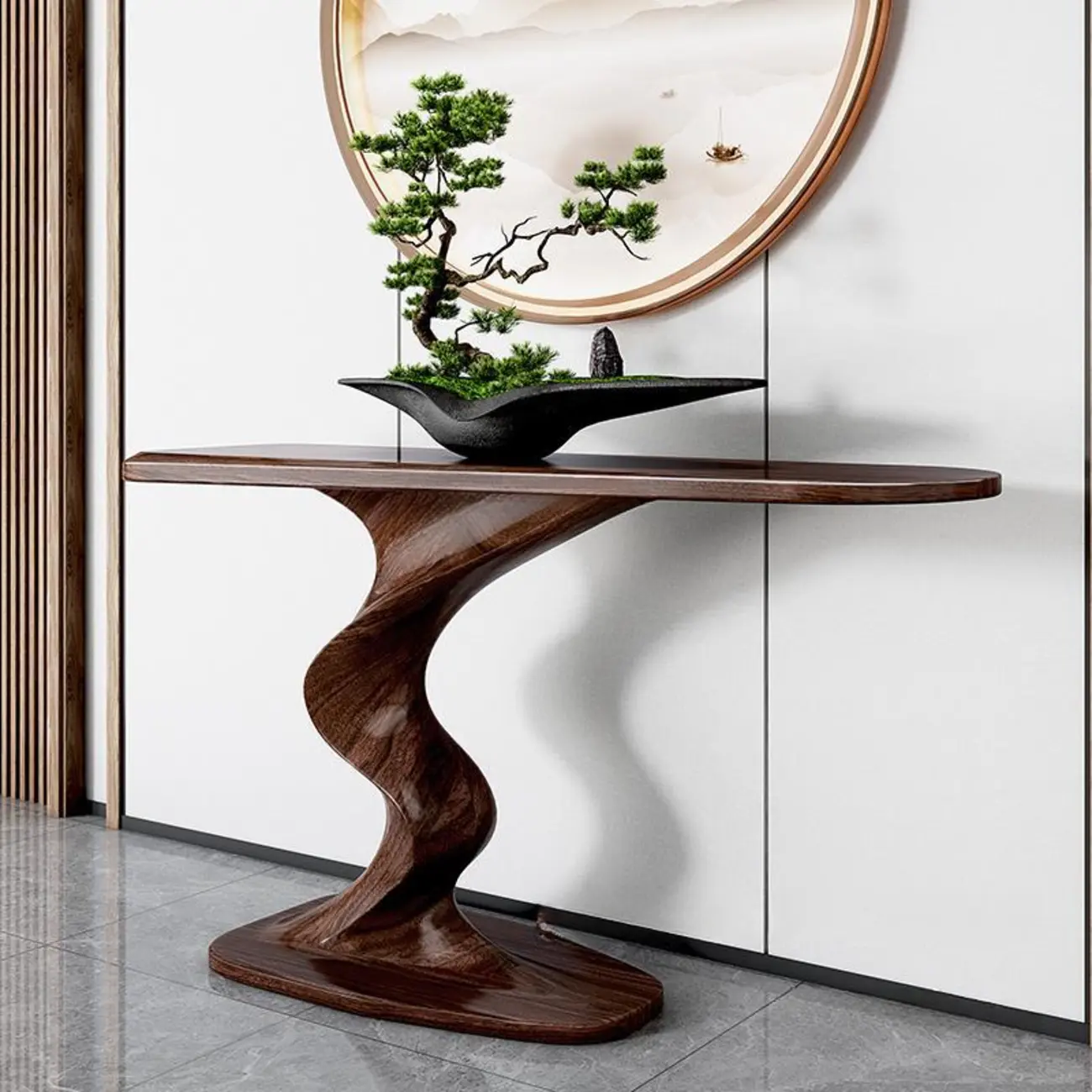 Modern Ash Wood Console Table with Sculptural Base