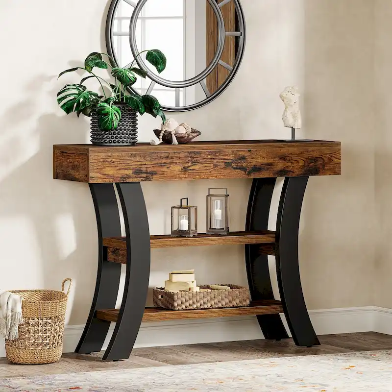 Console Table 41W 3-Tier Shelves Curved Frame MDF Metal Rustic Brown Industrial