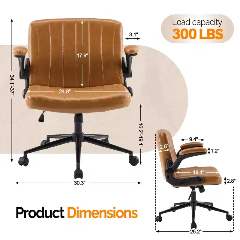 VINGLI Criss Cross Chair with Adjustable Flip-Up Arms,Cross Legged Chair with Wheels, Extra Wide Office Chair,PU Leather,Clay