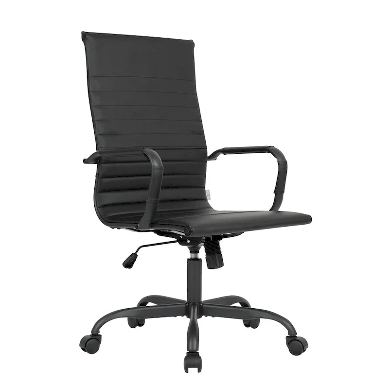 Harris Ribbed Leather Adjustable High-Back Office Swivel Chair in Black Metal Frame for Home Conference Desk Computer Chair