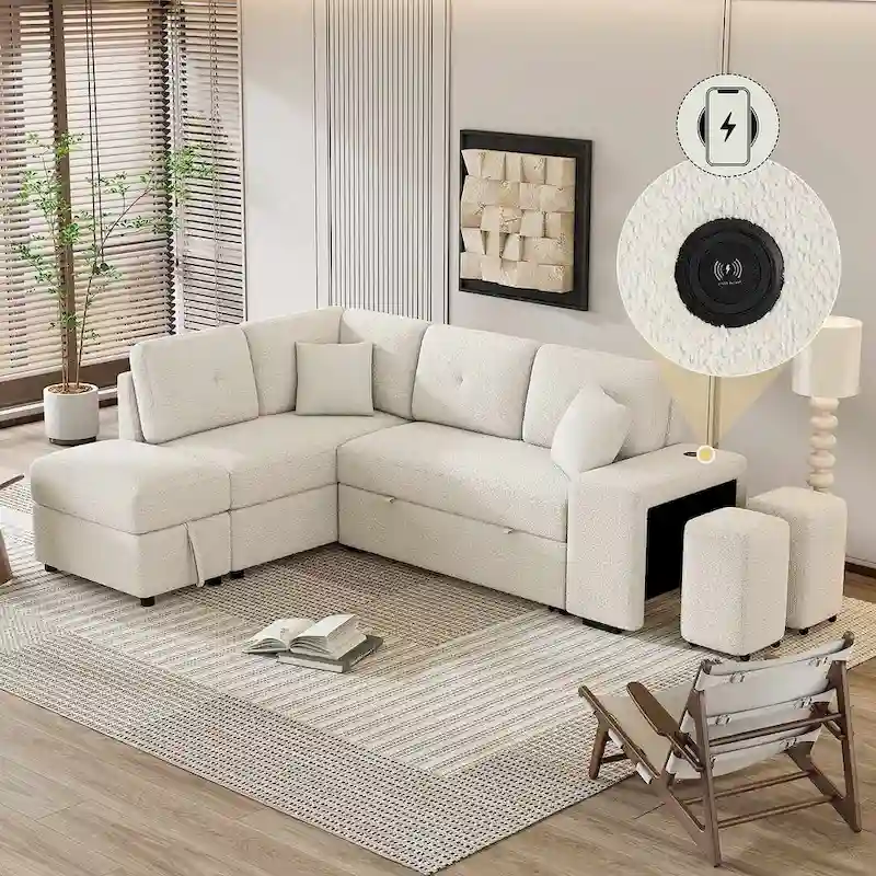 Sectional Sofa Pull Out Sofa Bed with Storage Ottoman, Convertible Sleeper for Living Room