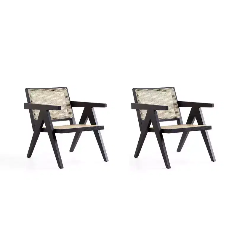 Set of 2 Hamlet Wood Accent Chairs Black/Natural Cane - Manhattan Comfort: Rattan Detail, No Assembly Required
