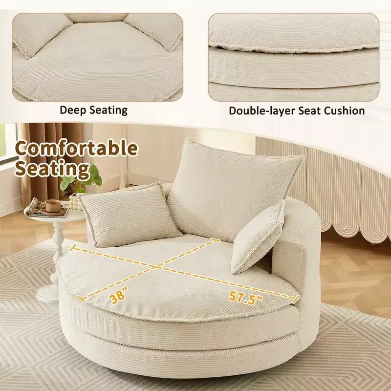 Whisen Corduroy Swivel Round Sofa Chair with Dual-layer Cushion Design and 3 Removable Pillows