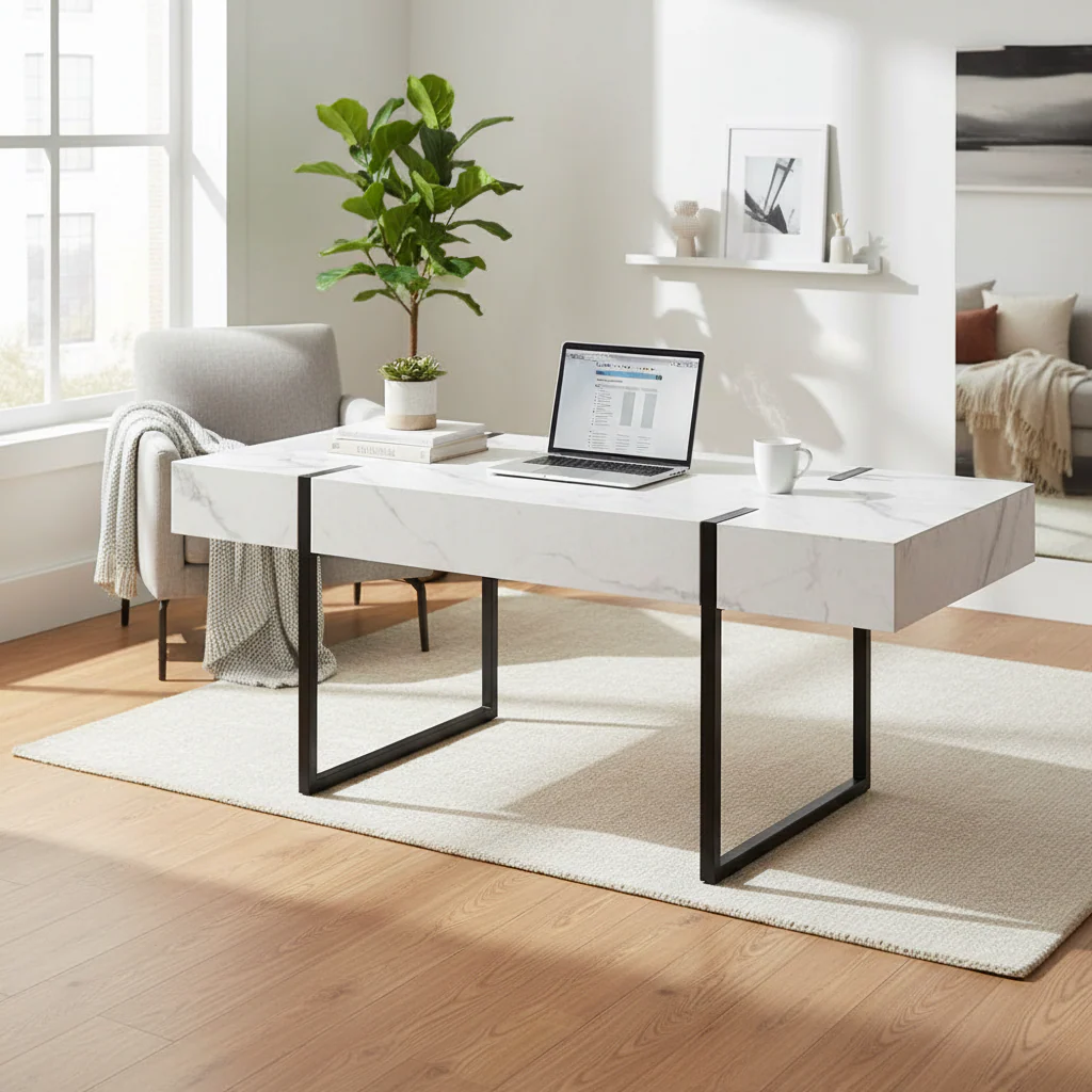 White Faux Marble Top Rectangular Coffee Table with Metal Frame – Modern Style