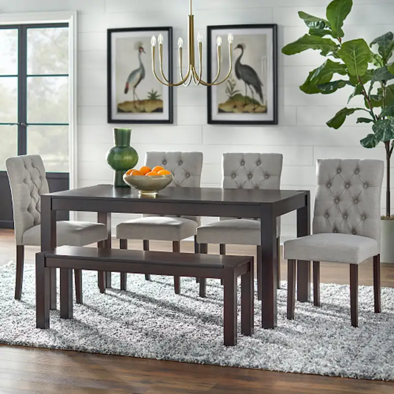 Annie Espresso, Grey Rubberwood and Fabric 6-piece Dining with Dining Bench