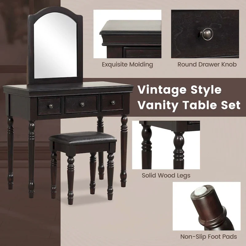 Costway Vanity Table Set Makeup Desk Cushioned Stool 3 Drawer Large - See Details