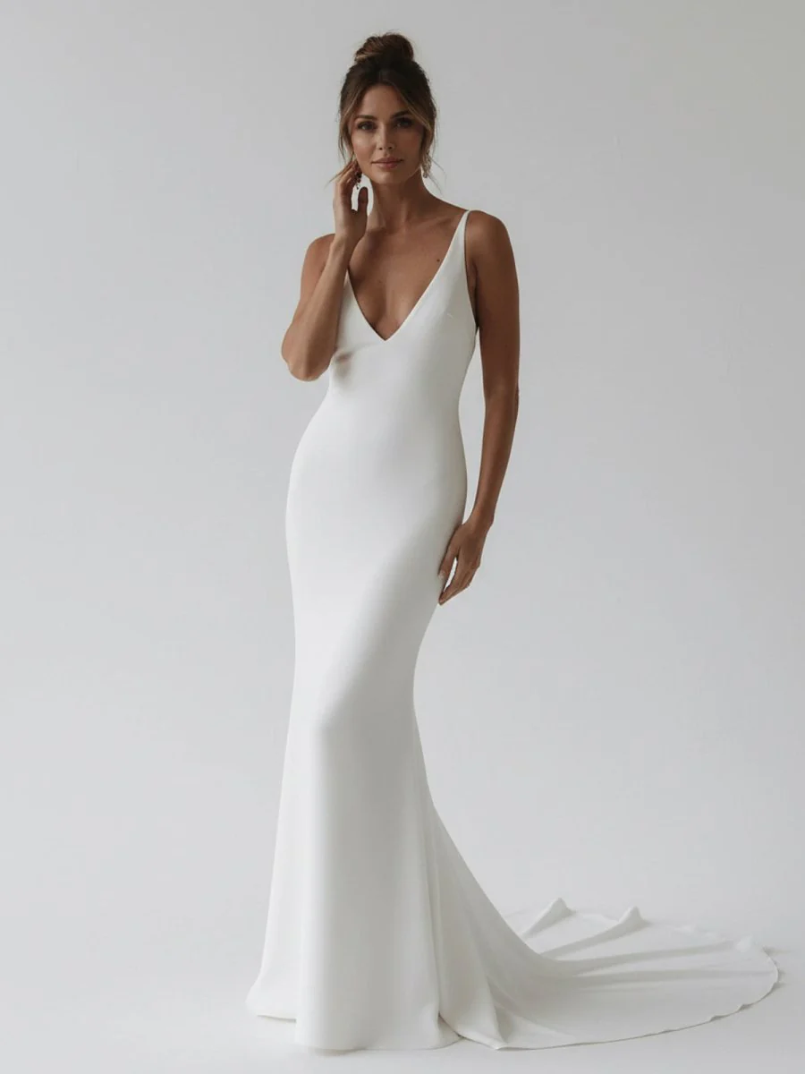 Elegant Mermaid V-Neck Elastic Satin Long Wedding Dresses
