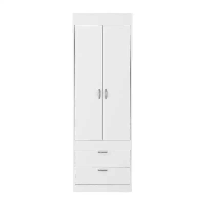Armoire 70H, Double Door Cabinet, Two Drawers, Metal Handles, Rod, White