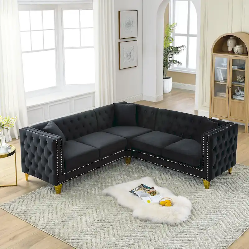 Black 82.2 Velvet Chesterfield L-Shaped 5-Seater Sectional Sofa with Nailhead Trim, Metal Legs, and Tufted Cushions