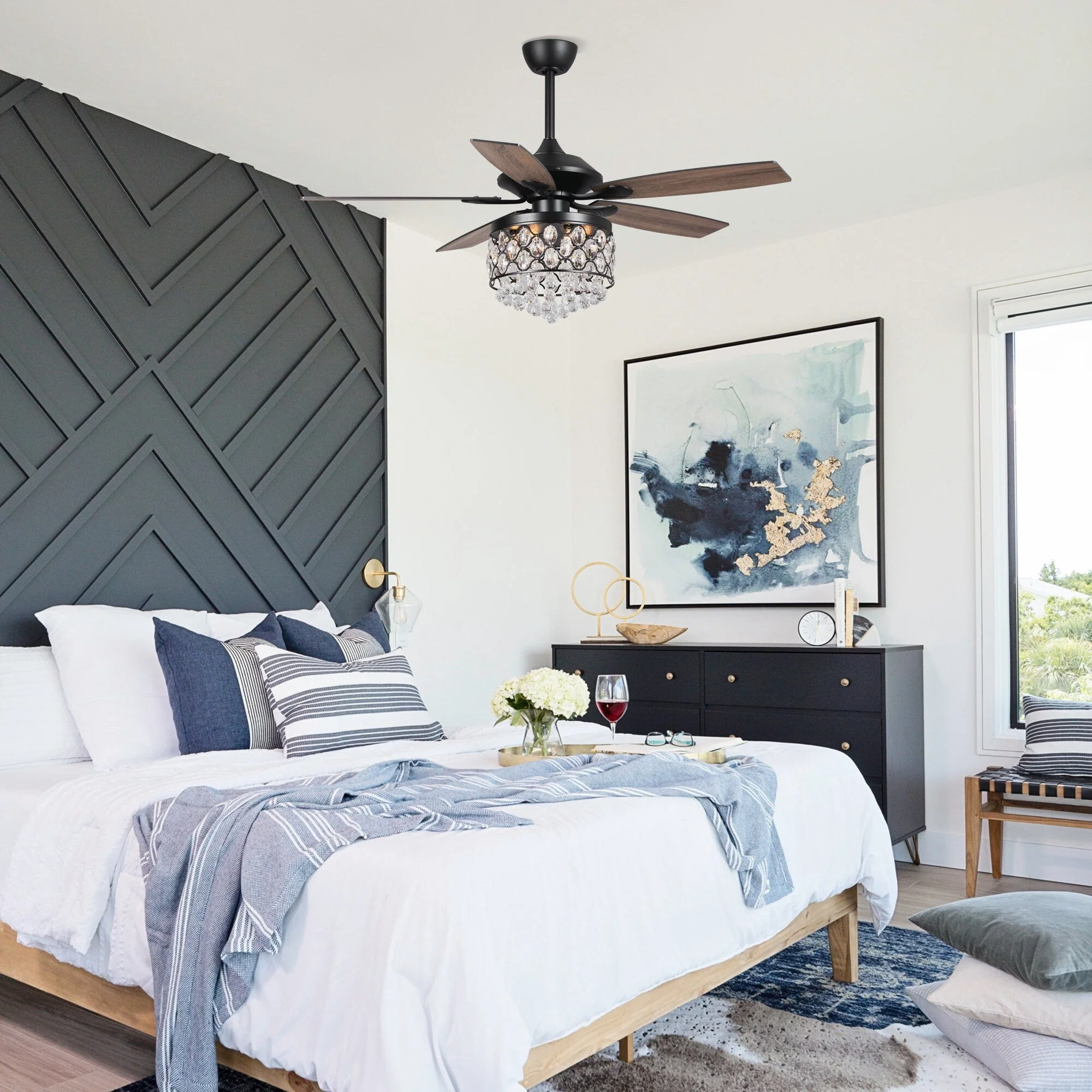 Chrome/ Crystal 4-light Chandelier/ Ceiling Fan with Remote