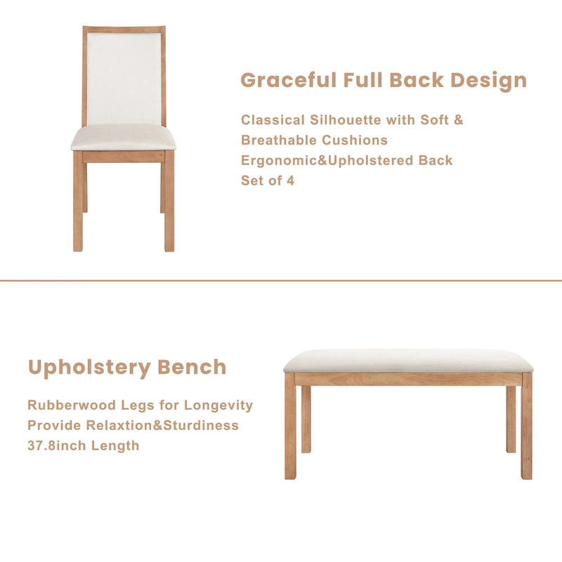 Farmhouse Style 6-Piece Dining Table Set with 4 Upholstered Dining Chairs and Bench