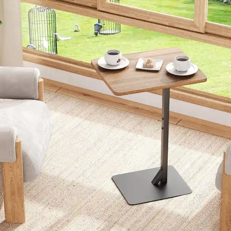 Rustic Brown & Black C-Shaped End Table for Sofa & Bedside