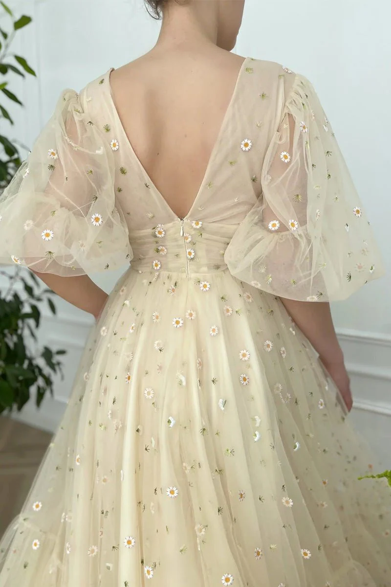 A-line V Neck Sea of Daisies Dress Engagement Ankle Length Half Sleeve Tulle with Buttons Pleats