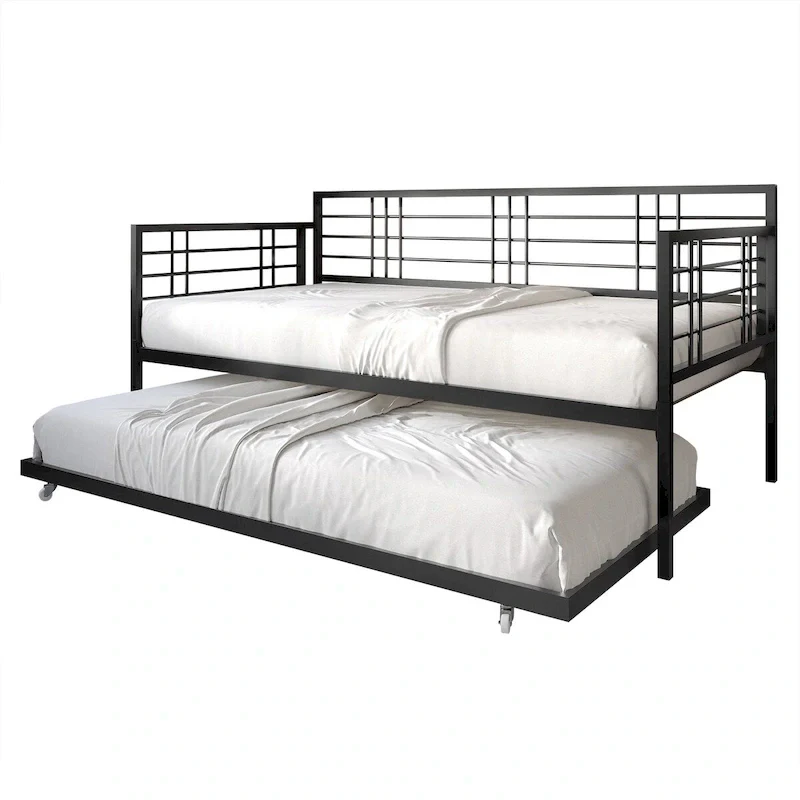 White/Brown/Black Metal Twin Daybed with Roll-Out Trundle, 1-Person