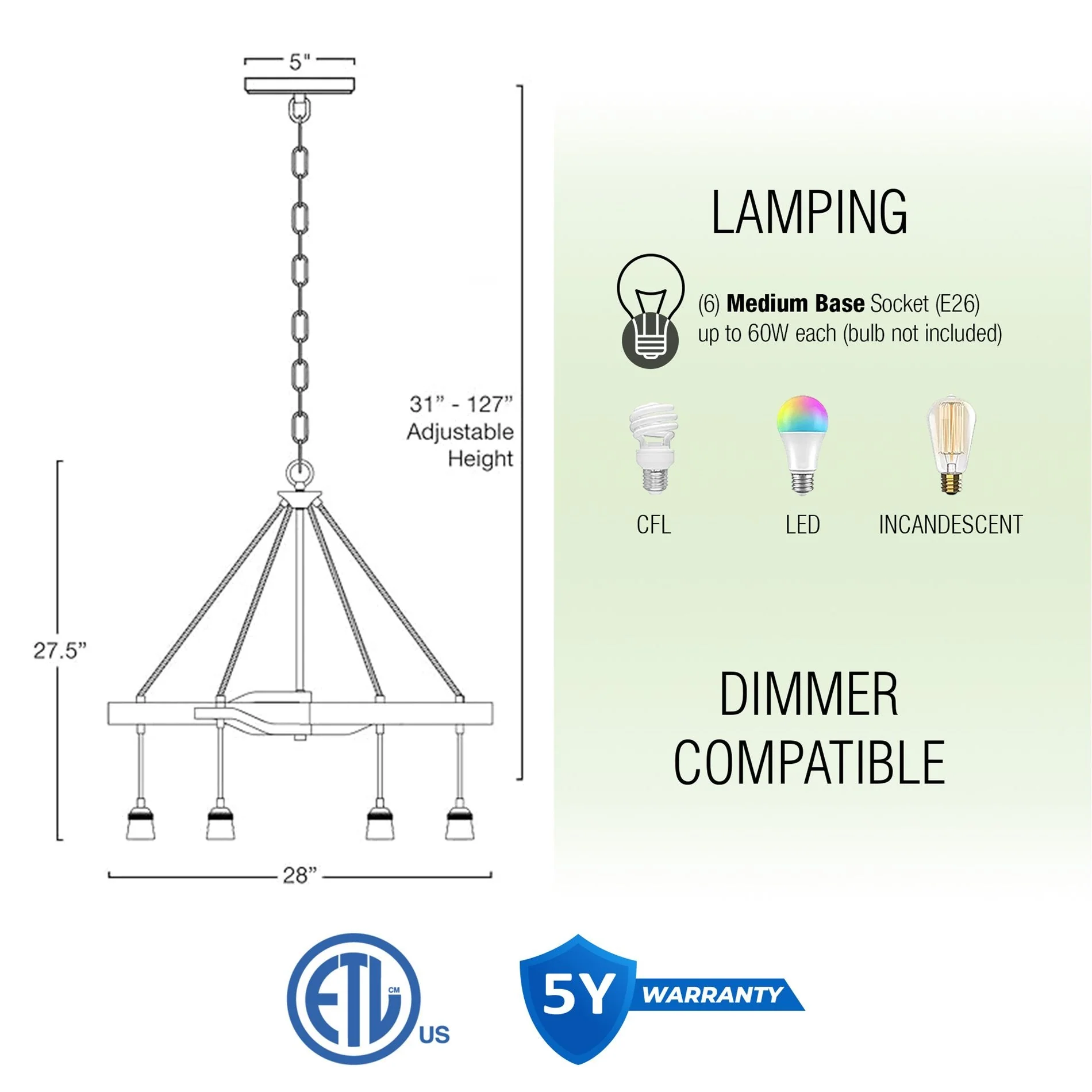 Marlo 28 6-Light Farmhouse Pendant Chandelier