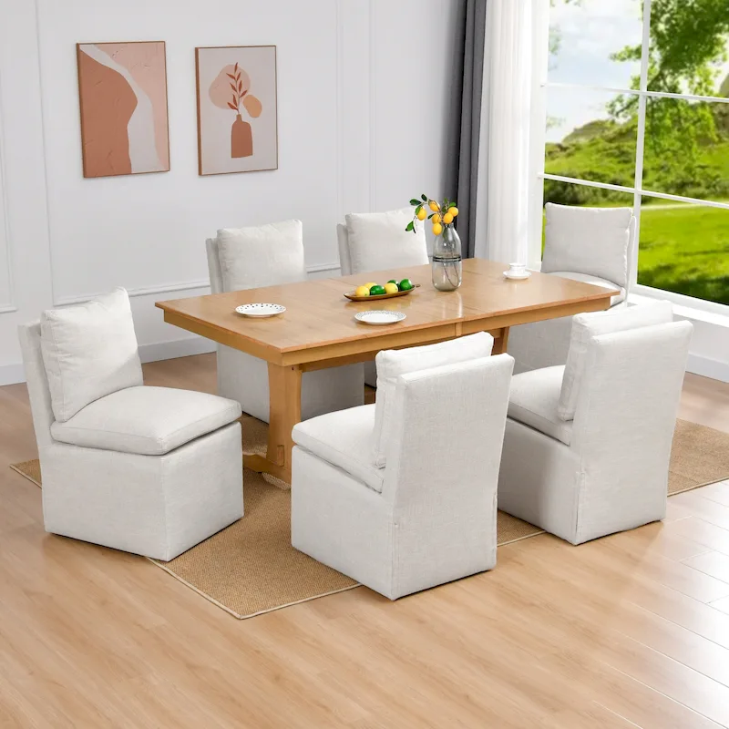 Beige Faux Linen Swivel Rolling Armchair with Casters, 1-Person